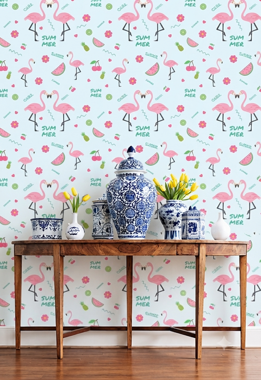 Flamingo Summer Wallpaper | Tropical Flamingo, Watermelon, Cherry & Pineapple Printed Decorative Wall Wallpaper