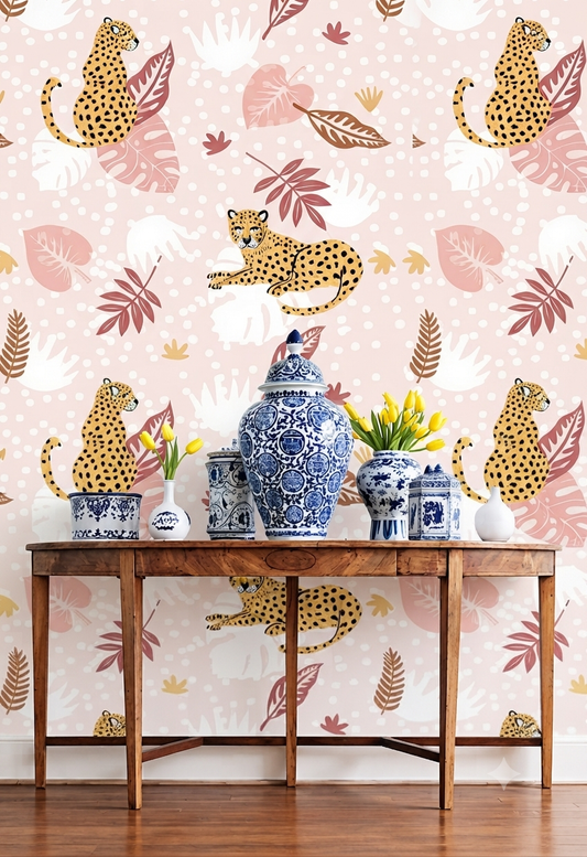 Leopard & Tropical Leaf Wallpaper | Cute Leopard, Botanical Leaves & Floral Printed Decorative Wall Wallpaper