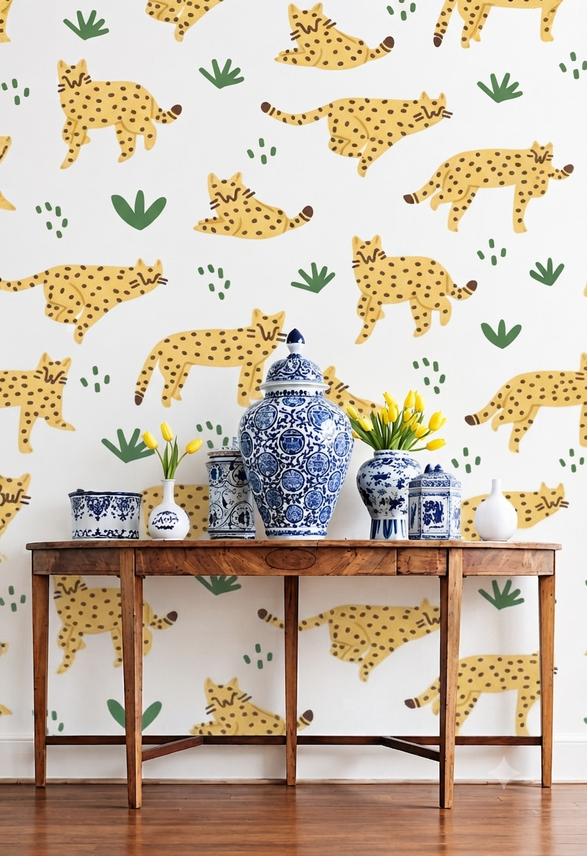 Leopard Cat Wallpaper | Cute Spotted Wild Cat, Green Leaf & Botanical Printed Decorative Wall Wallpaper