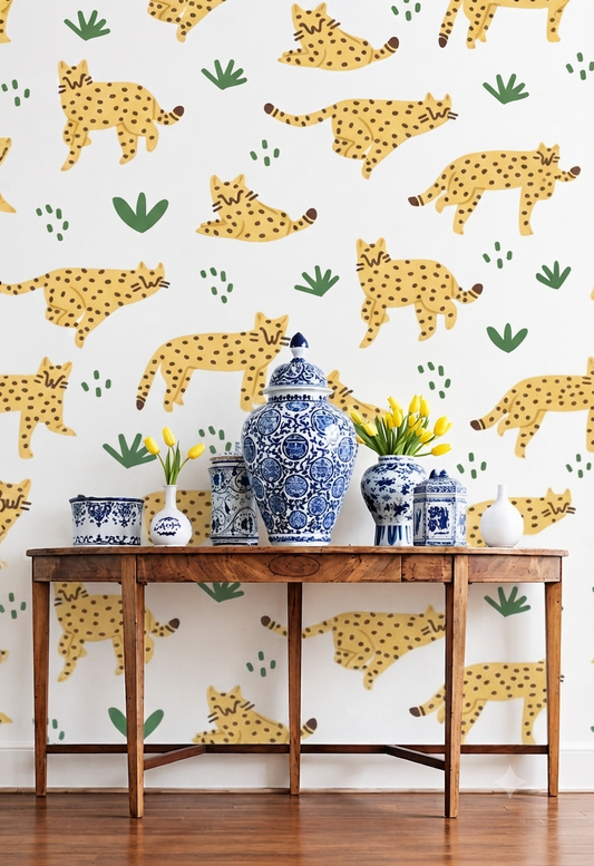 Leopard Cat Wallpaper | Cute Spotted Wild Cat, Green Leaf & Botanical Printed Decorative Wall Wallpaper