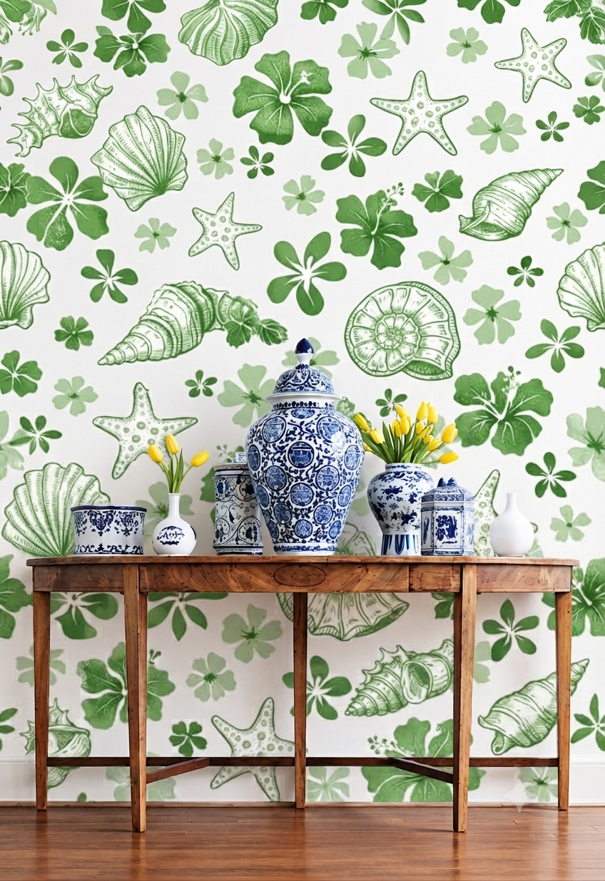 Green Tropical Seashell & Starfish Wallpaper | Shell, Starfish & Botanical Leaf Printed Decorative Wall Wallpaper