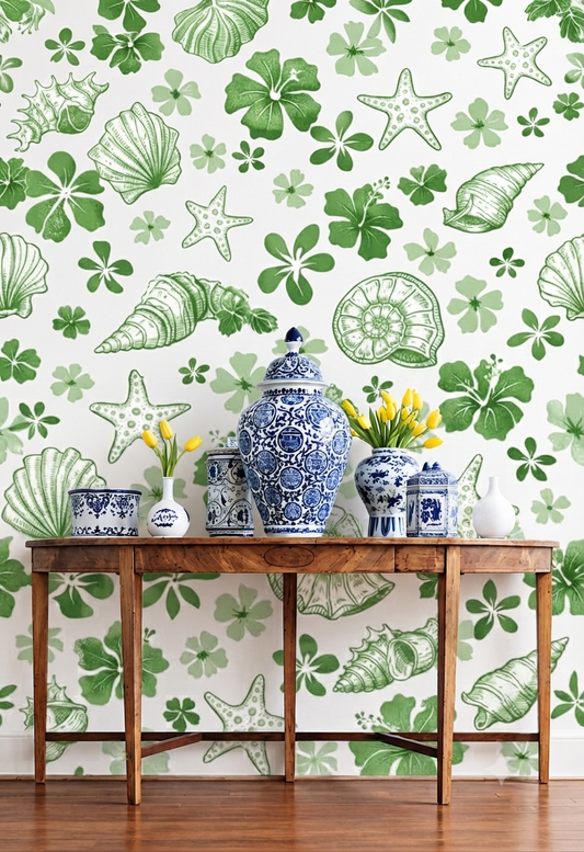 Green Tropical Seashell & Starfish Wallpaper | Shell, Starfish & Botanical Leaf Printed Decorative Wall Wallpaper