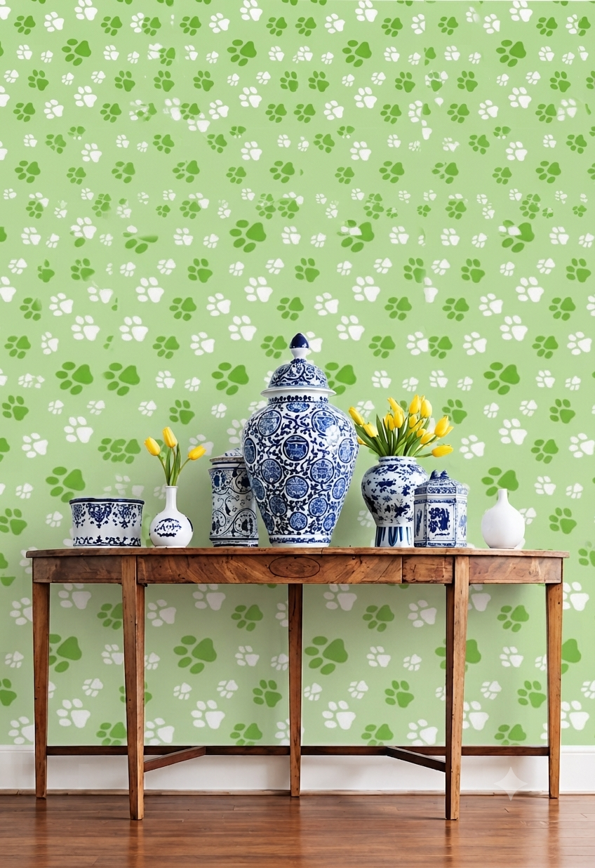 Green Paw Print Wallpaper | Cute Paw Pattern Decorative Wall Wallpaper for Kids Room, Bedroom & Pet Lovers