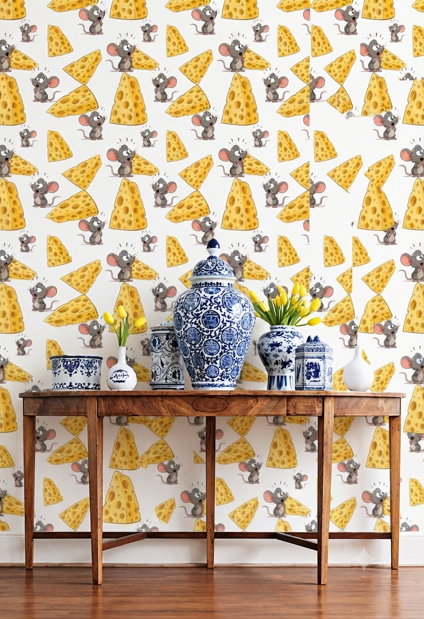Mouse & Cheese Wallpaper | Cute Cartoon Mouse and Cheese Pattern Decorative Wall Wallpaper for Kids Room & Playroom