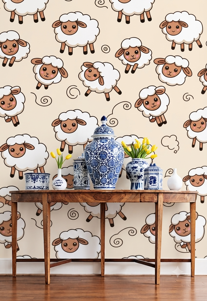 Cute Sheep Wallpaper | Cartoon Sheep Pattern Decorative Wall Wallpaper for Kids Room, Nursery & Playroom