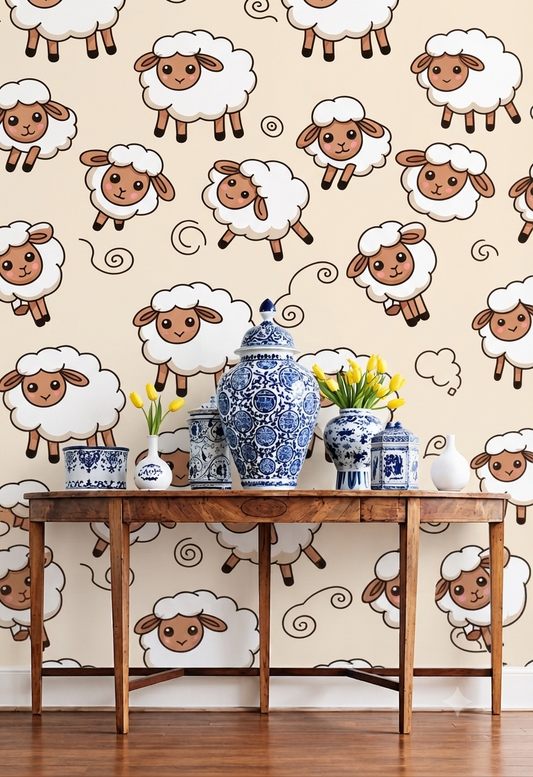 Cute Sheep Wallpaper | Cartoon Sheep Pattern Decorative Wall Wallpaper for Kids Room, Nursery & Playroom