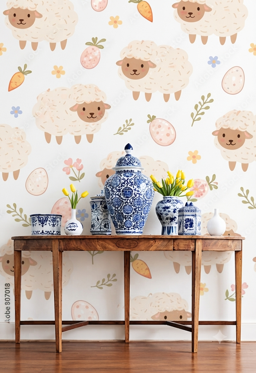 Cute Sheep & Carrot Wallpaper | Cartoon Sheep Pattern Decorative Wall Wallpaper for Kids Room, Nursery & Playroom