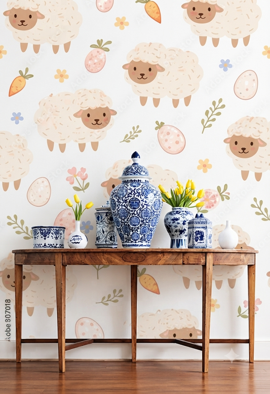 Cute Sheep & Carrot Wallpaper | Cartoon Sheep Pattern Decorative Wall Wallpaper for Kids Room, Nursery & Playroom