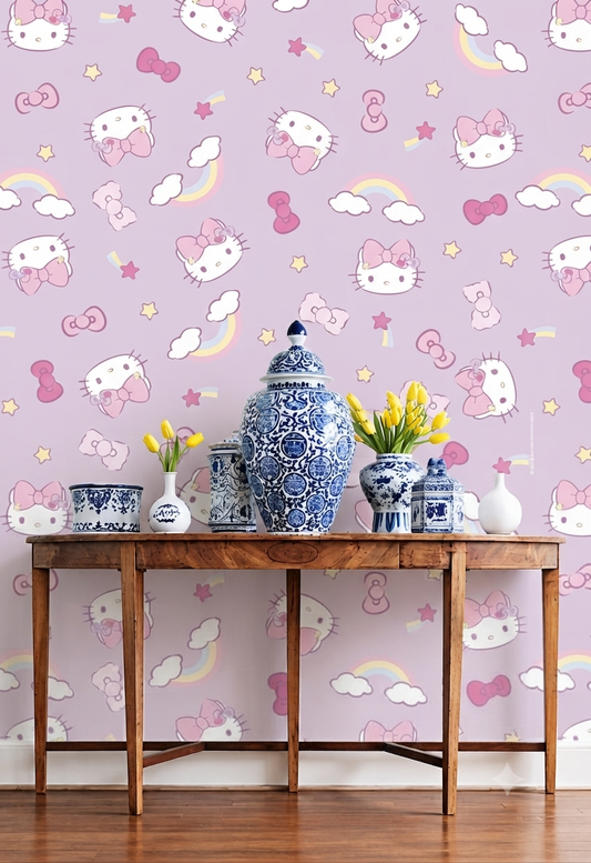 Cute Kitty Cartoon Lavender Wallpaper | Kawaii Cat, Rainbow & Bow Printed Decorative Wall Wallpaper for Kids Room & Nursery