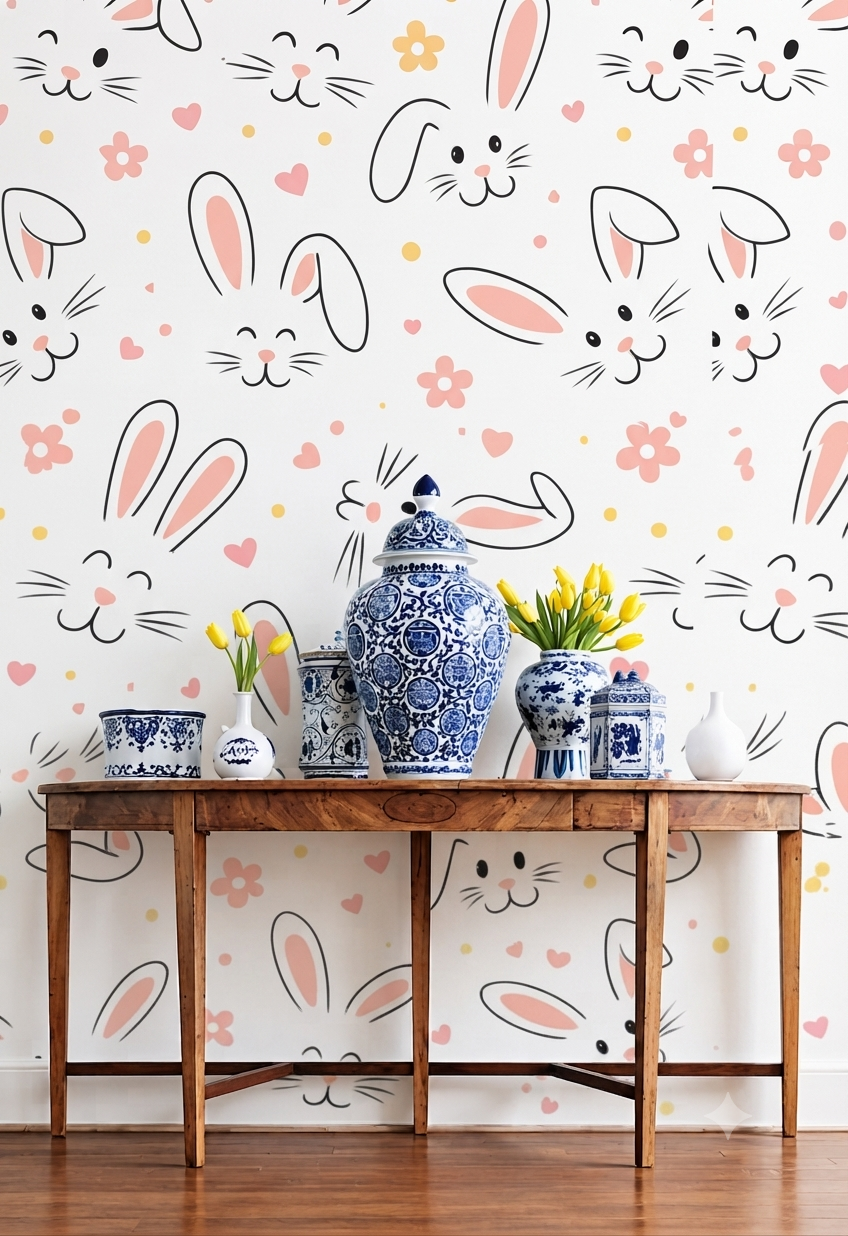 Cute Bunny Wallpaper | Cartoon Rabbit Pattern Decorative Wall Wallpaper for Kids Room, Nursery & Playroom