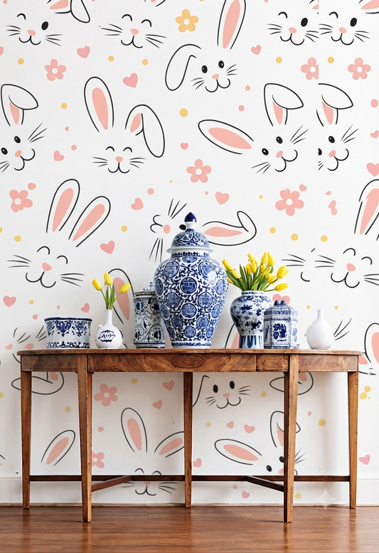 Cute Bunny Wallpaper | Cartoon Rabbit Pattern Decorative Wall Wallpaper for Kids Room, Nursery & Playroom