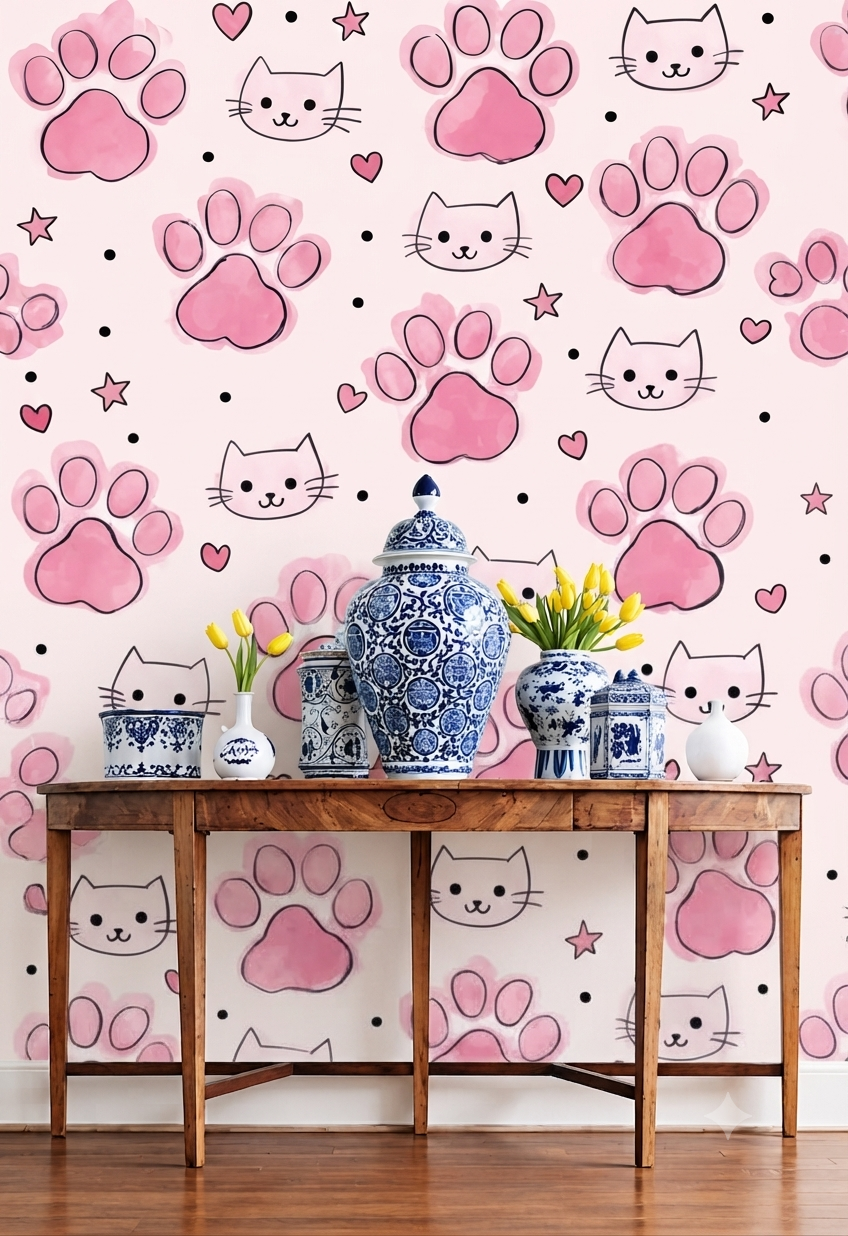 Cute Cat Paw Print Wallpaper | Pink Paw & Cat Face Pattern Decorative Wall Wallpaper for Kids Room, Nursery & Playroom