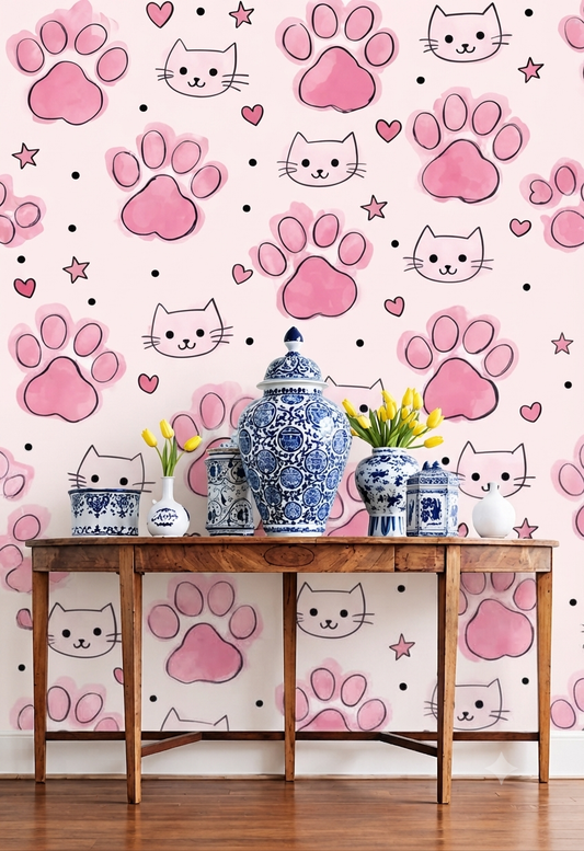 Cute Cat Paw Print Wallpaper | Pink Paw & Cat Face Pattern Decorative Wall Wallpaper for Kids Room, Nursery & Playroom
