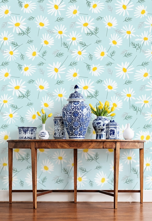 Refresh your space with this Daisy Flower Pattern Wallpaper, featuring white daisies with yellow centers and green leaves on a soft blue background.