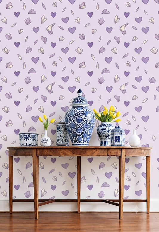 Purple Heart Wallpaper | Cute Floral Heart & Petal Pattern Decorative Wall Wallpaper for Kids Room, Bedroom & Nursery