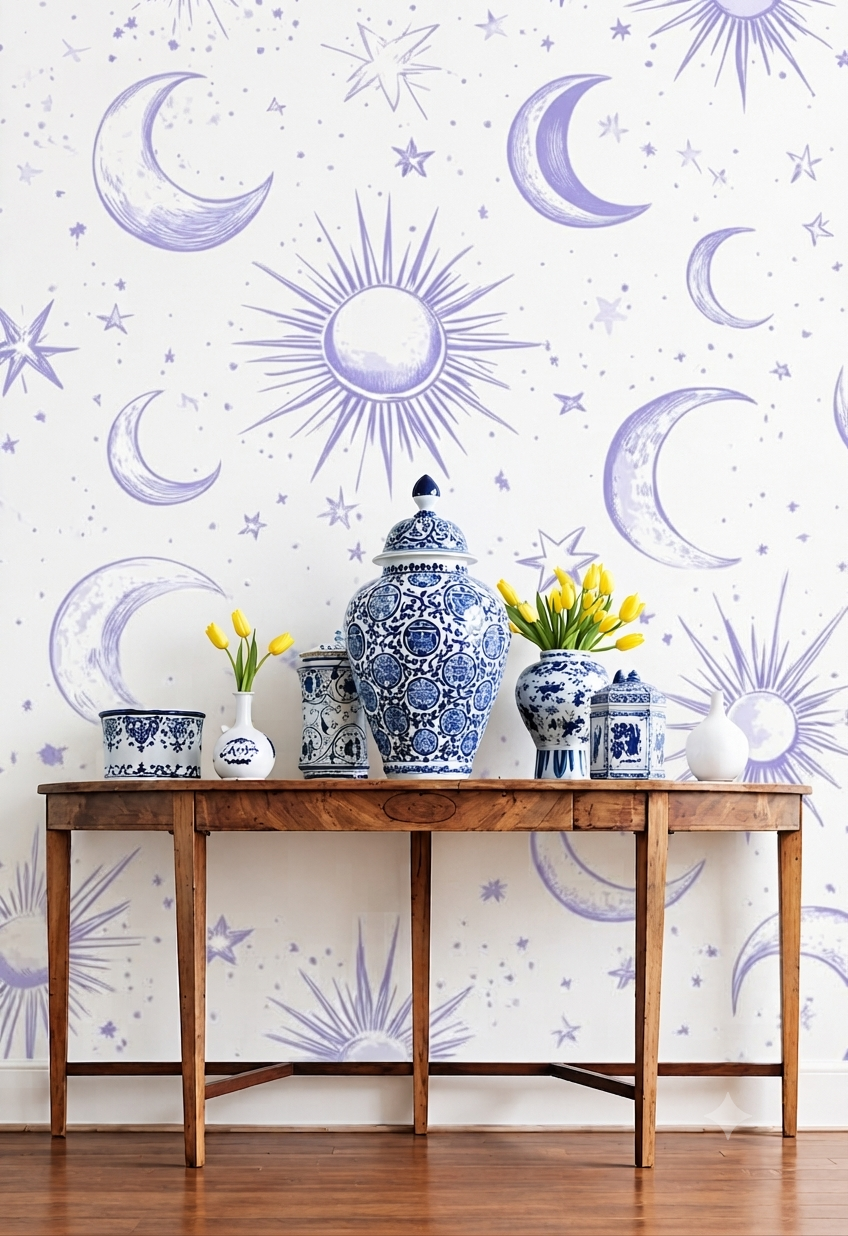 Moon & Star Wallpaper | Purple Celestial Sun Moon & Stars Pattern Decorative Wall Wallpaper for Bedroom, Kids Room & Nursery