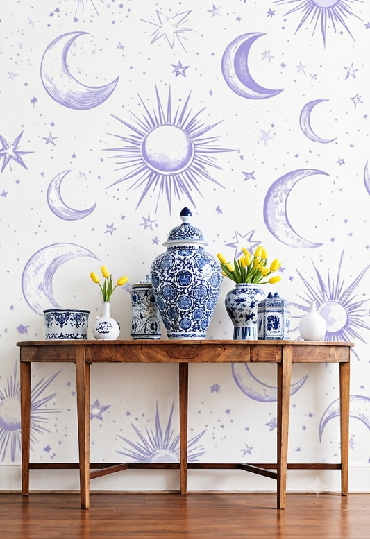 Moon & Star Wallpaper | Purple Celestial Sun Moon & Stars Pattern Decorative Wall Wallpaper for Bedroom, Kids Room & Nursery