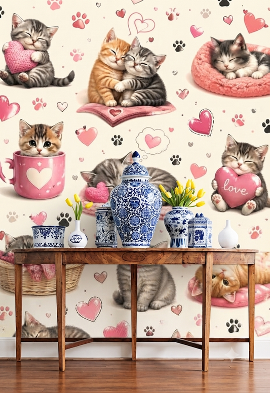 Cute Kittens & Pink Hearts Wall Wallpaper for Kids Room, Bedroom & Nursery – Decorative Cat Pattern Wall Covering