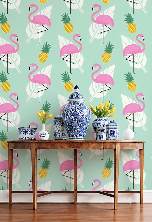 Pink Flamingo & Pineapple Tropical Wallpaper | Mint Green Decorative Wall Wallpaper for Bedroom, Kids Room & Home Décor