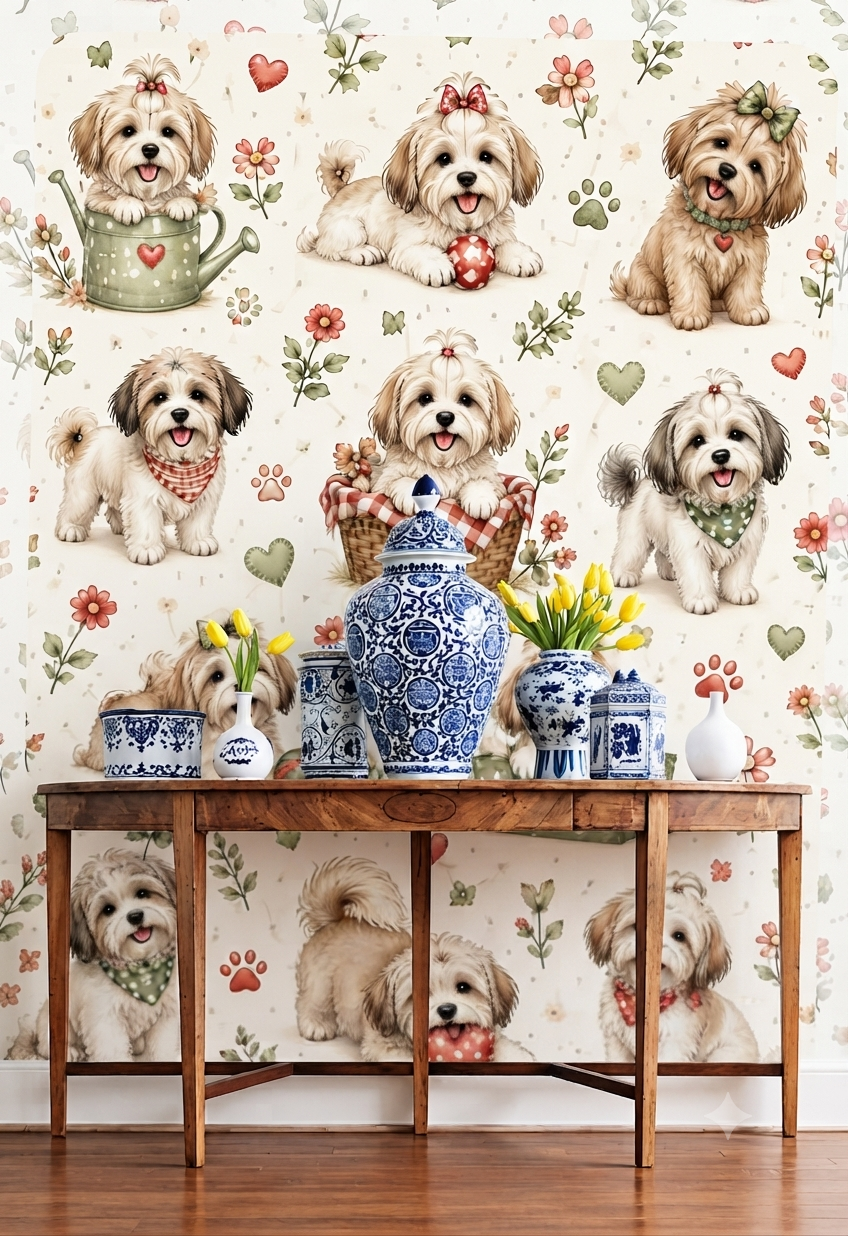 Cute Puppy & Floral Pattern Wall Wallpaper for Kids Room, Bedroom & Nursery – Decorative Dog Theme Wall Covering