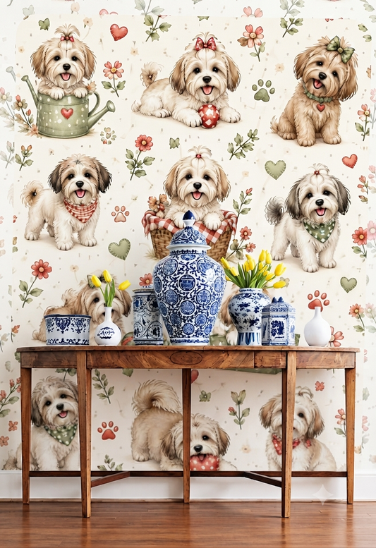 Cute Puppy & Floral Pattern Wall Wallpaper for Kids Room, Bedroom & Nursery – Decorative Dog Theme Wall Covering