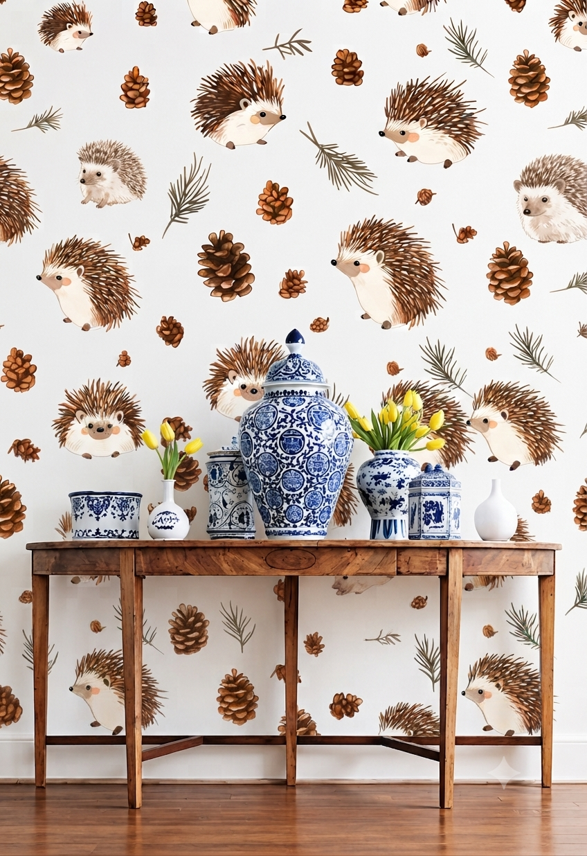 Cute Hedgehog & Pine Cone Wall Wallpaper for Kids Room, Nursery & Bedroom – Woodland Nature Theme Decorative Wall Covering