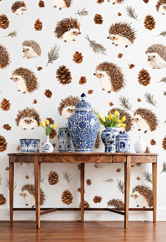 Cute Hedgehog & Pine Cone Wall Wallpaper for Kids Room, Nursery & Bedroom – Woodland Nature Theme Decorative Wall Covering