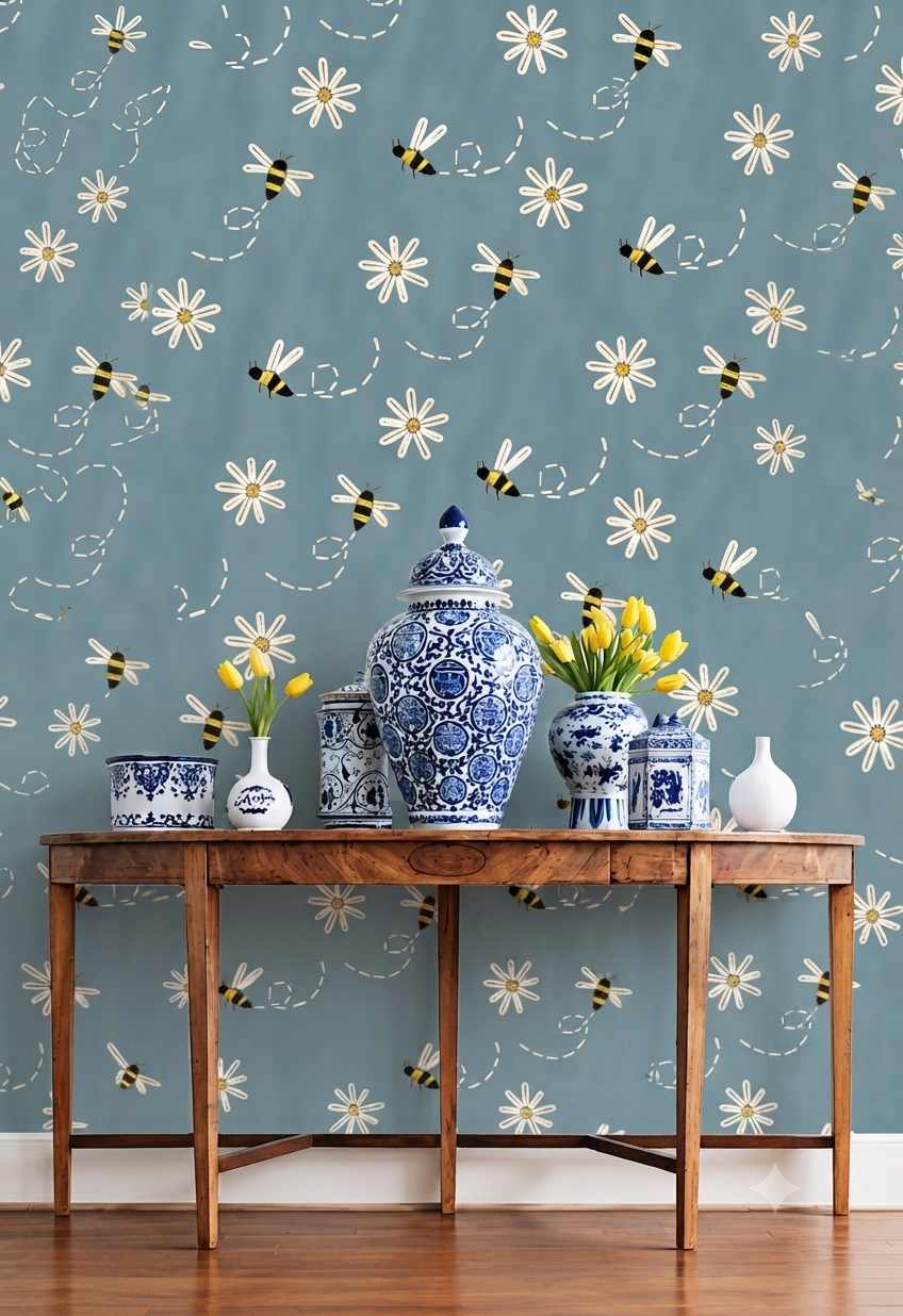 Cute Bee & Daisy Floral Wall Wallpaper for Kids Room, Bedroom & Nursery – Blue Botanical Nature Theme Decorative Wall Covering