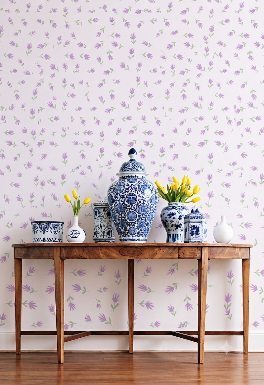 Purple Lavender Floral Wall Wallpaper for Bedroom, Kids Room & Nursery – Minimal Botanical Flower Pattern