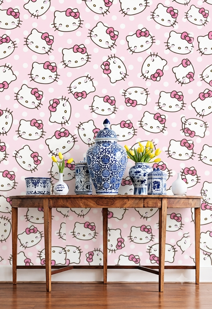 Cute Kitty Cartoon Pink Wallpaper | Kawaii Cat & Pink Bow Printed Decorative Wall Wallpaper for Kids Room & Nursery