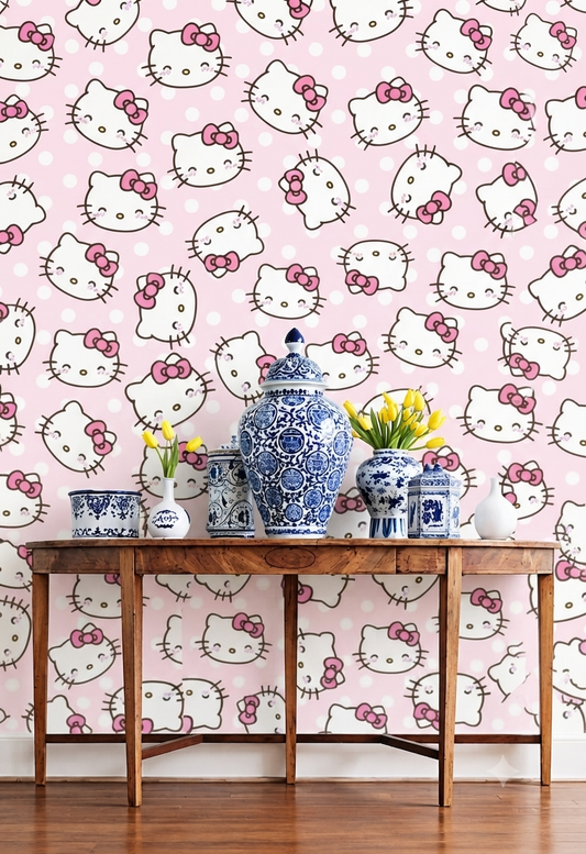 Cute Kitty Cartoon Pink Wallpaper | Kawaii Cat & Pink Bow Printed Decorative Wall Wallpaper for Kids Room & Nursery