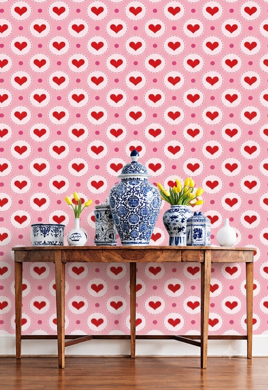 Pink Heart Pattern Wall Wallpaper for Bedroom, Kids Room & Nursery – Cute Red Heart Decorative Wallpaper