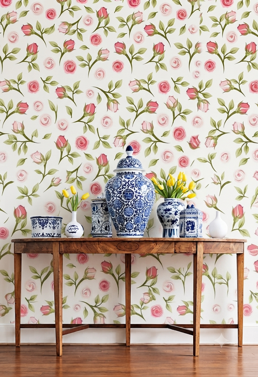 Pink Rose Floral Wall Wallpaper for Bedroom, Living Room & Kids Room – Elegant Rose Bud & Leaf Pattern Decorative Wallpaper