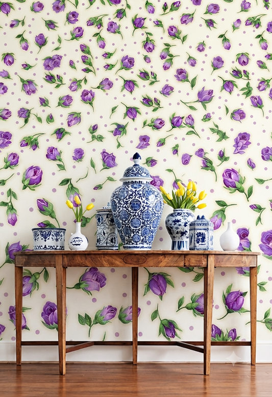 Purple Rose Floral Wall Wallpaper for Bedroom, Living Room & Kids Room – Elegant Purple Flower Bud & Leaf Pattern Decorative Wallpaper