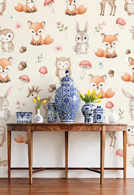 Cute Woodland Animal Wallpaper for Kids Room, Nursery & Bedroom – Fox Rabbit Owl Deer Mushroom Forest Theme