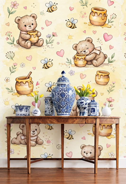 Cute Teddy Bear & Pink Balloon Floral Wall Wallpaper for Kids Room, Nursery & Bedroom – Heart & Flower Pattern