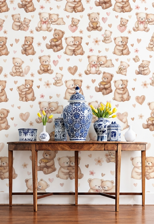 Cute Teddy Bear Heart & Flower Wall Wallpaper for Kids Room, Nursery & Bedroom – Adorable Bear Couple Pattern