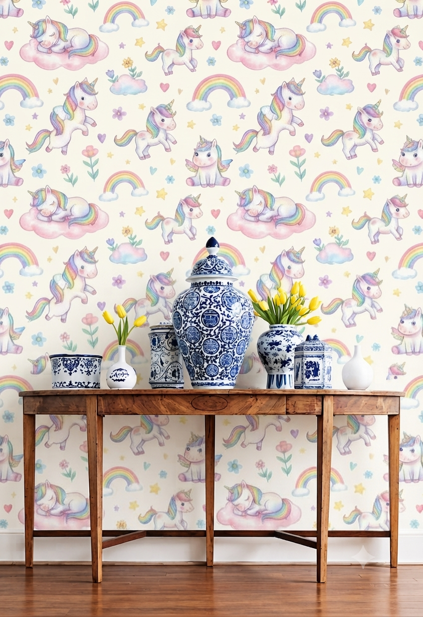 Cute Unicorn & Rainbow Wall Wallpaper for Kids Room, Nursery & Bedroom – Pastel Fantasy Unicorn Pattern