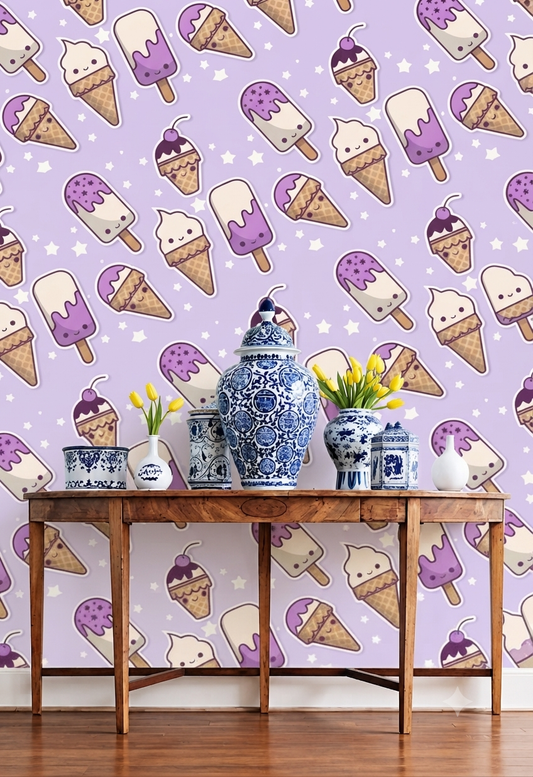 Cute Ice Cream & Popsicle Wall Wallpaper for Kids Room, Bedroom & Playroom – Purple Dessert & Star Pattern Decorative Wallpaper
