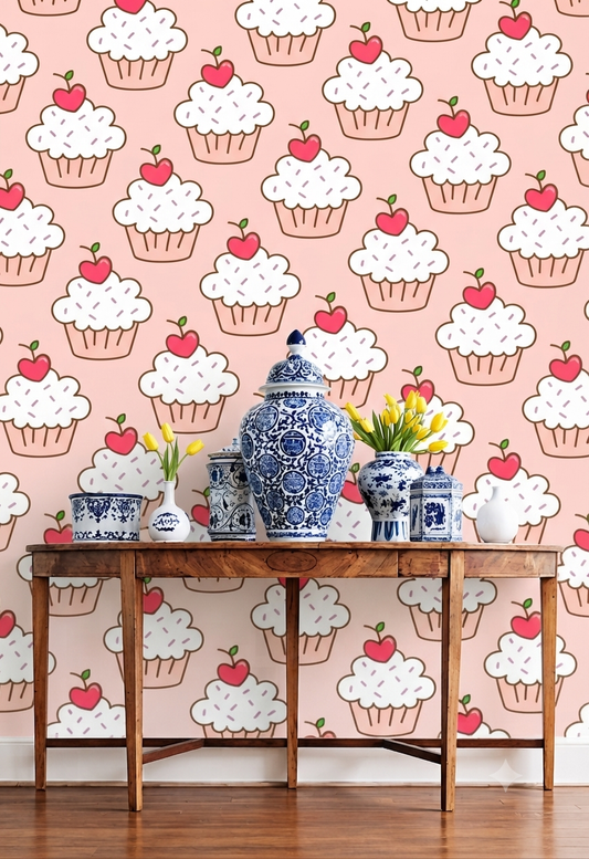 Cute Cupcake & Cherry Wall Wallpaper for Kids Room, Bedroom & Nursery – Pink Dessert Pattern Decorative Wallpaper