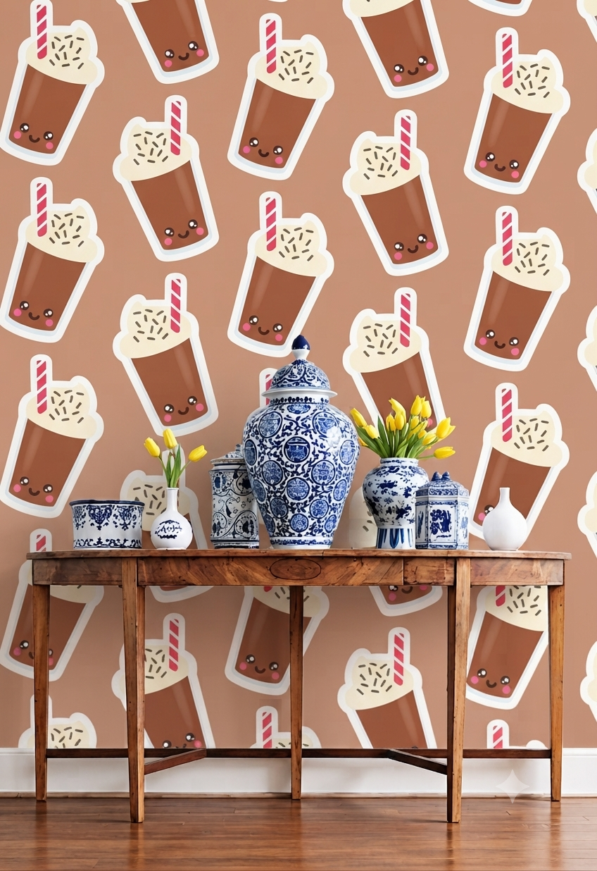 Cute Chocolate Milkshake & Dessert Wall Wallpaper for Kids Room, Bedroom & Playroom – Brown Beverage Pattern