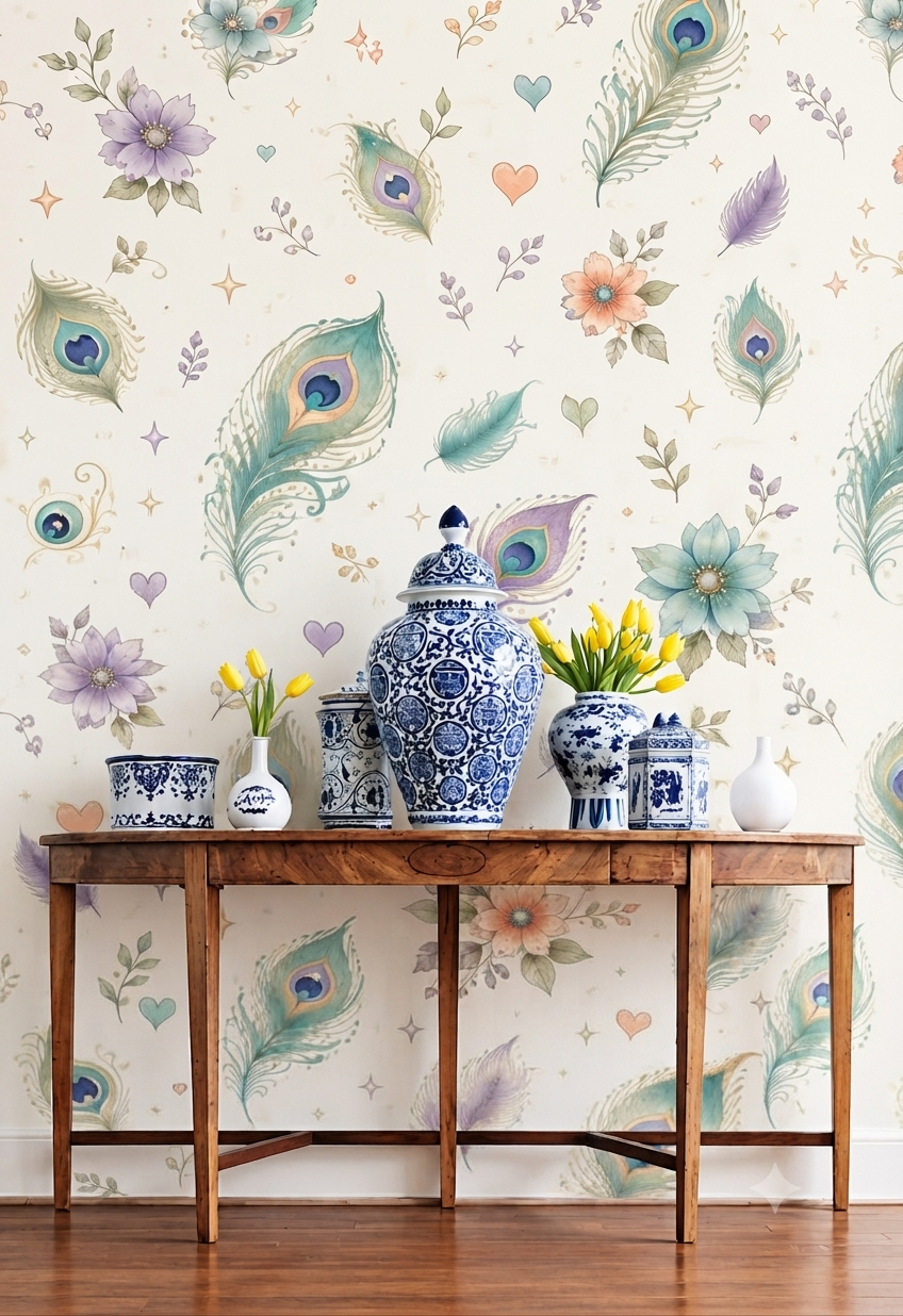 Peacock Feather & Floral Wall Wallpaper for Bedroom, Living Room & Kids Room – Elegant Pastel Botanical Pattern