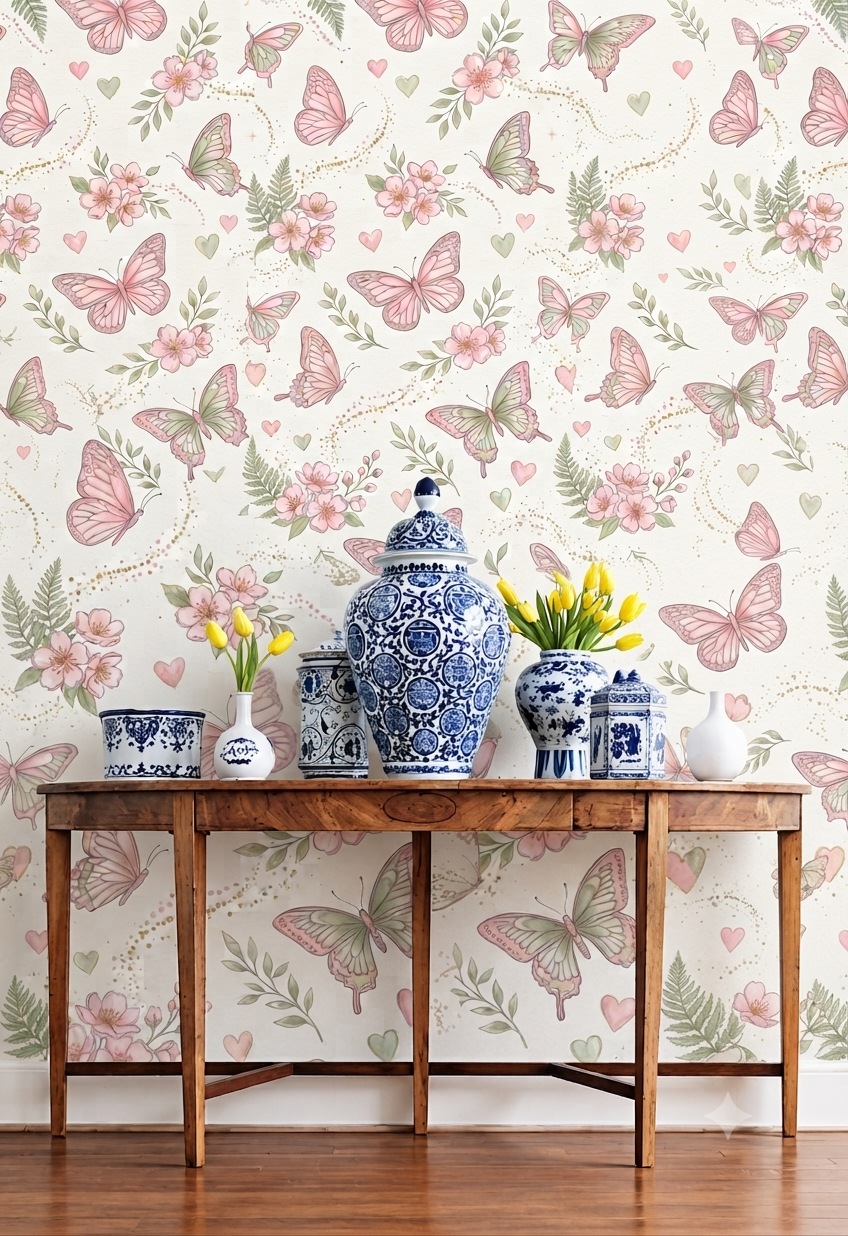 Pink Butterfly & Floral Wall Wallpaper for Kids Room, Girls Room & Nursery – Pastel Butterfly, Flower & Heart Pattern