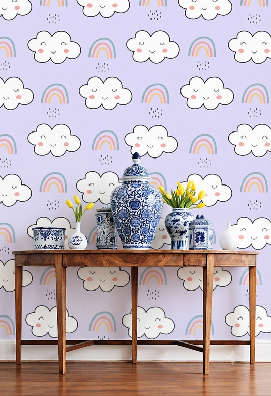 Cute Rainbow & Cloud Cartoon Wallpaper | Pastel Lavender Sky Theme Decorative Wall Wallpaper for Kids Room & Nursery